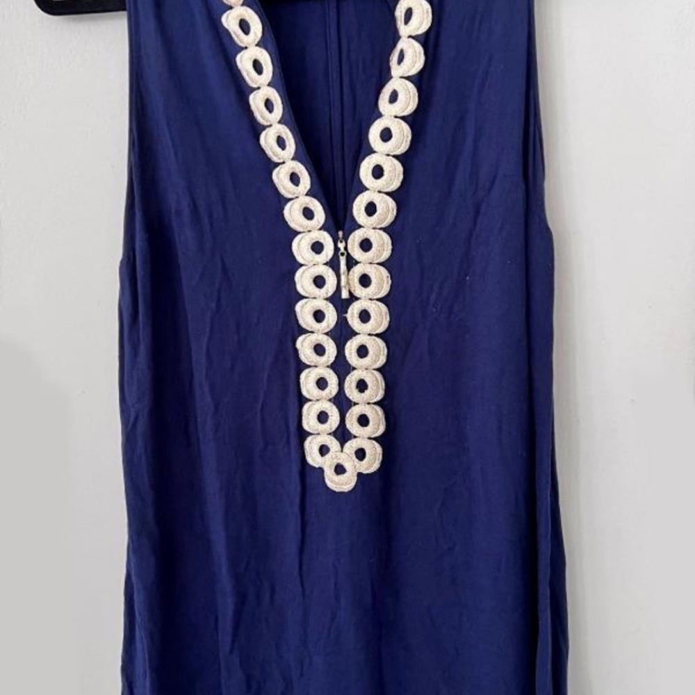 Lilly Pulitzer "Jane" Navy Shift Dress | Size 2 | Gold Lace Appliqué |100% Rayon